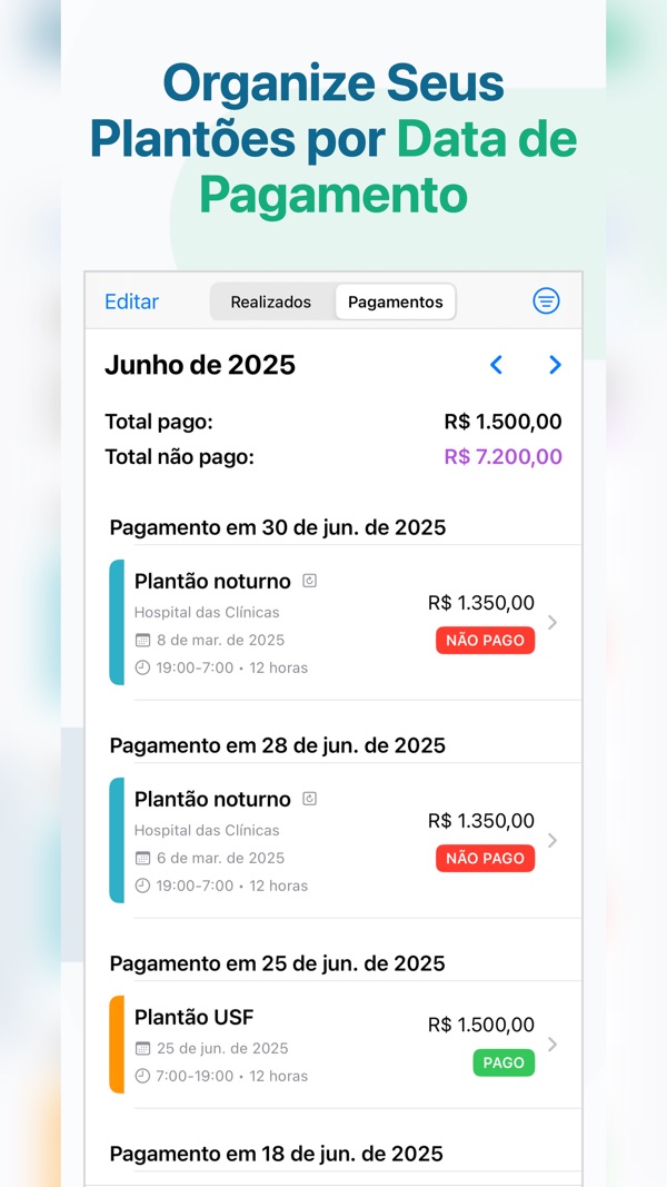 Plantãozinho: plantões organizados por data de pagamento